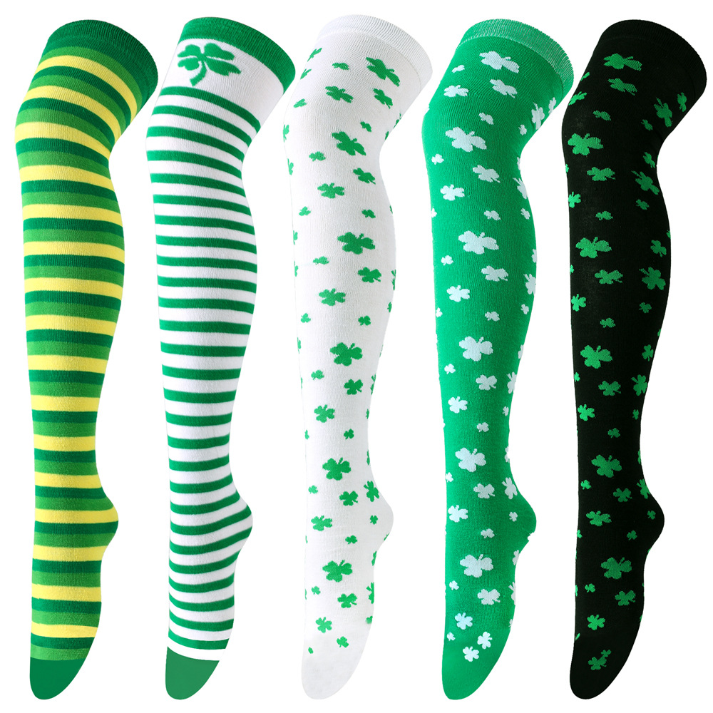 Irish Saint Thigh High Stockings Shamrock Striped Over Knee Sock